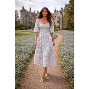 Torrid Blue Floral Smocked Midi Dress Cottagecore Romantic Milkmaid Ditsy Floral